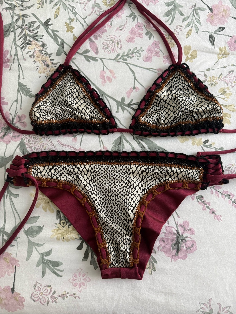 Women’s Maroon and Metallic Snake-Print Bikini Set